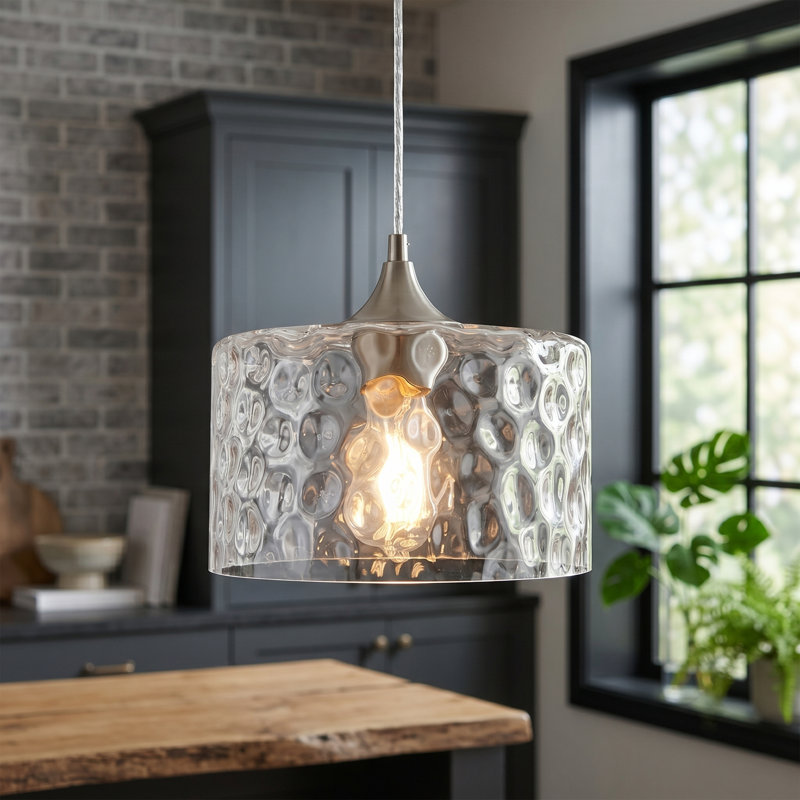 Luminaire suspendu en verre texturé 1 lumière en nickel brossé