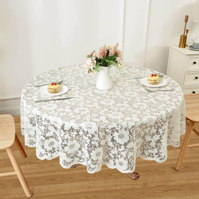 Round Lace Tablecloth 60 Inches, Ivory Vintage Embroidered Floral Crochet Table Cover
