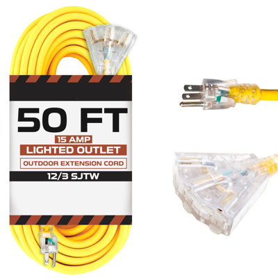 50 Foot Lighted Outdoor Extension Cord With 3 Electrical Power Outlets - 12/3 SJTW Heavy Duty Yellow Extension Cable With 3 Prong Grounded Plug For Sa -  MODERN WALLS LLC, B073ZMWHZJ