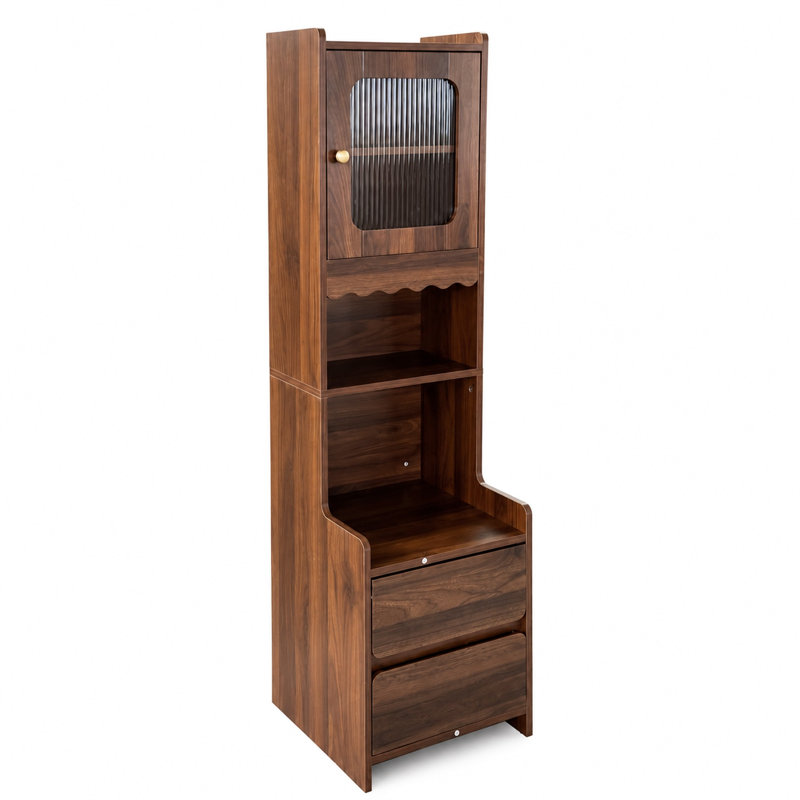 Table de chevet haute en noyer avec bibliothèque, porte vitrée, étagères ouvertes et 2 tiroirs pour petites chambres