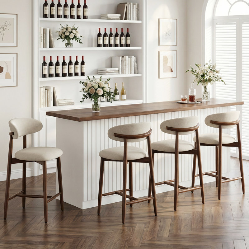 Upholstered Counter Height Bar Stool with Solid Wood legs, Beige, 4