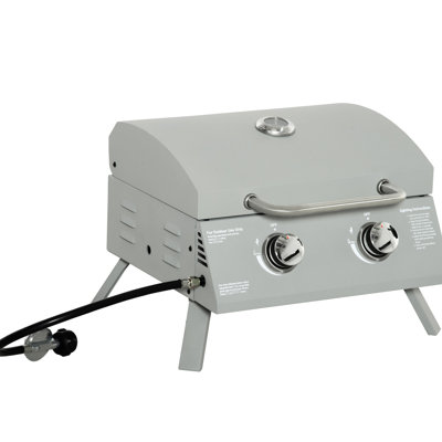 Barbecue à gaz portatif de table, 2 brûleurs. Gris. Pieds pliables. Parfait pour le camping, les pique-niques et le jardin. Couvercle, thermomètre et bac à graisse inclus. Dimensions : 55,2 cm (L) x 46,4 cm (l) x 41,3 cm (H).
