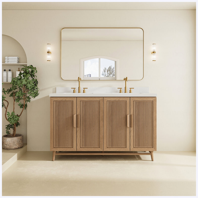 Ensemble de meuble-lavabo sur pied 60 po à une cuve 60 po en bois massif avec plateau blanc d'ingénierie et café clair