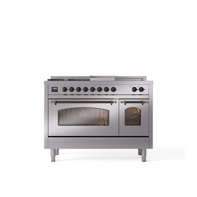 ILVE Nostalgie II Series 48 inch Dual Fuel Range with 5 Sealed Burners, Griddle, Frenchtop (Glass Door)