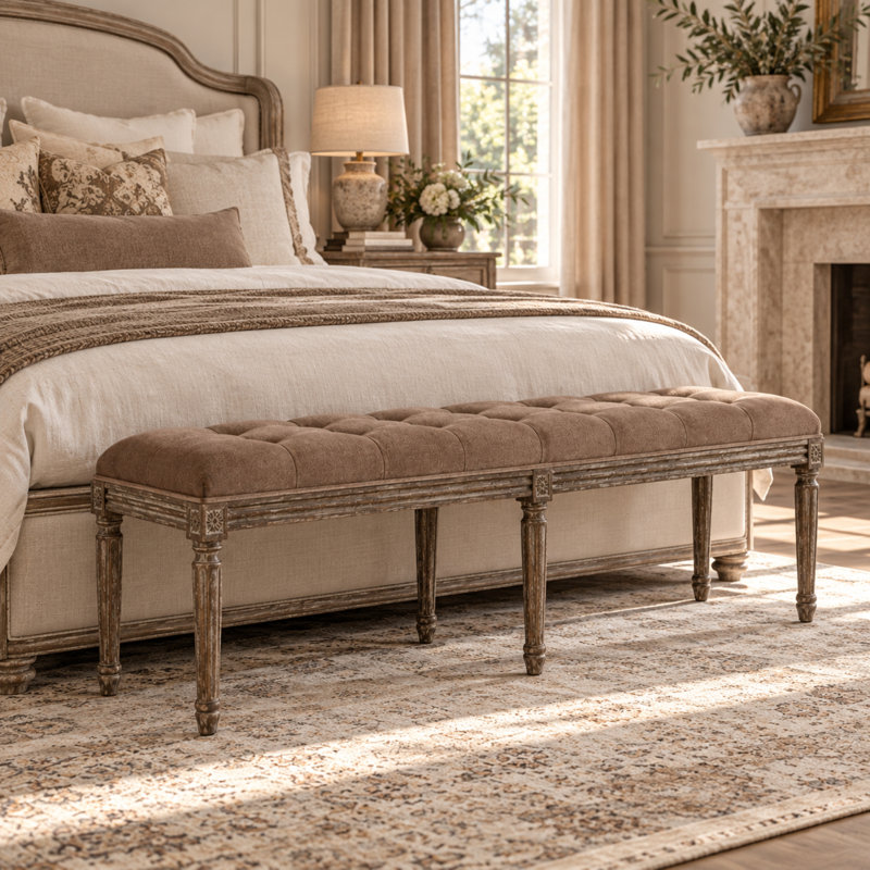 Louis Linen Tufted Bench, Natural