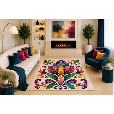 "Ultra Light Weight" 5' x 7' Colorful Lotus Floral Area Rug Boho Folk Art Botanical Scroll Decor for Living Room Bedroom Dining Room Non-Slip Silicone Backing Low Pile