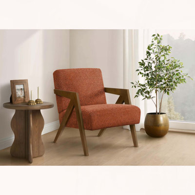 Chaise d'appoint, h 30 po, rembourrée, salon, chambre à coucher, tissu rouge, bois de noyer brun, moderne, Mid-Century