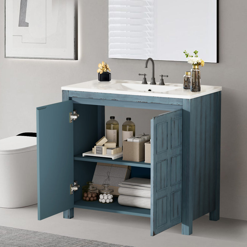 Armoire de meuble-lavabo 36 po avec lavabo en céramique, Bleu rétro