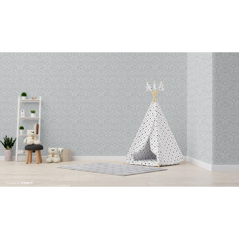 Aghalee Nights Damask 10m x 53cm Wallpaper Roll, Silver / White