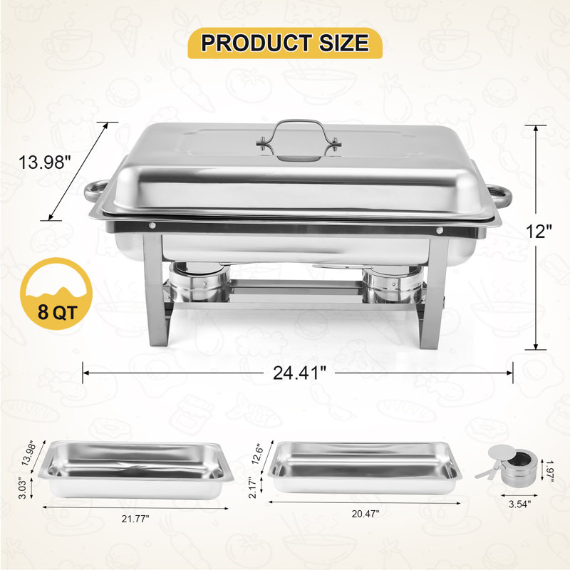 Ensemble de buffet à vaisselle 8 pintes en acier inoxydable - Réchaud rectangulaire pleine grandeur, couvercle et cadre pliable, support à carburant - Réchaud à nourriture pour buffet et événements - Paquet de 4, argent, compartiment unique