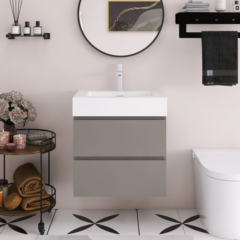 Meuble-lavabo mural 24 po avec lavabo, Gris, Blanc