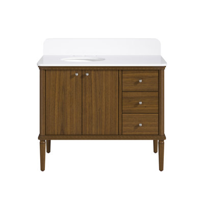 OVE Helena 42 in. Single Sink Bathroom Vanity in Warm Walnut with White Engineered Stone Top, Brushed Gold Hardware