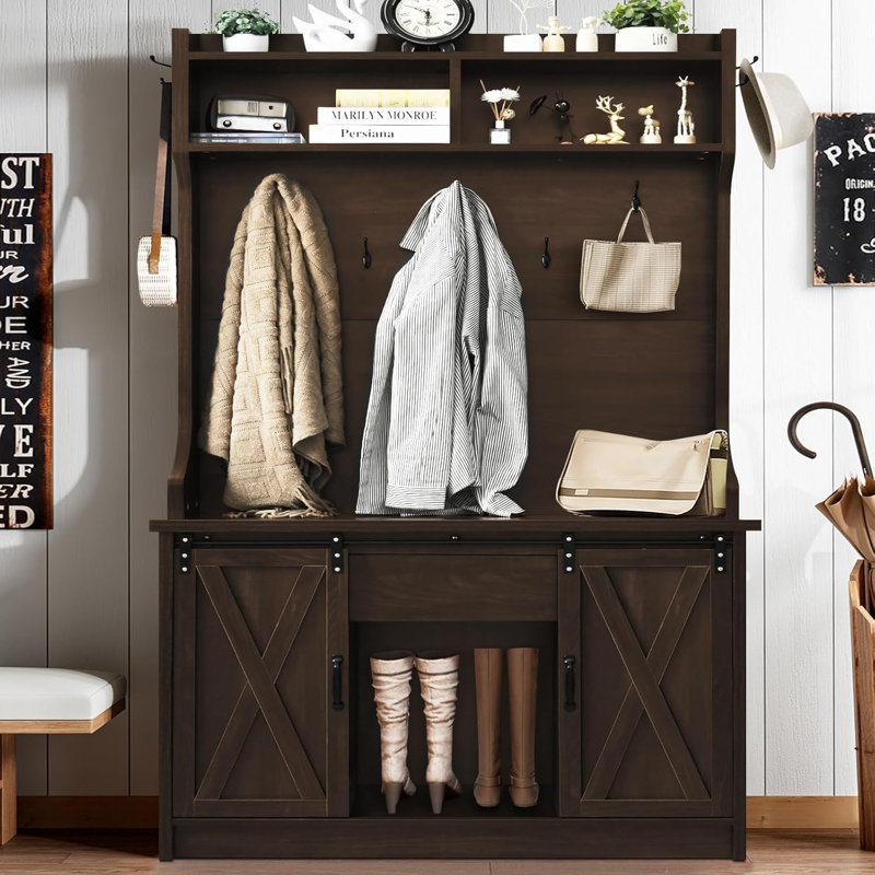 Farmhouse Hall Tree with Storage, 42 Inch Wide Entryway Bench with 2 Sliding Barn Doors,Tall Hall Tree with Coat Rack & Shoe Storage