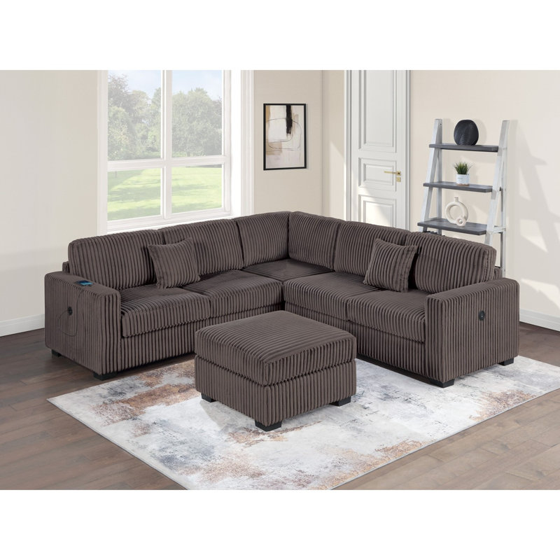 Modern Large Family Dark Gray Corduroy 6Pc Sectional Set Living Room One Arm Loveseat Wedge Console Armless Chair Couch Set