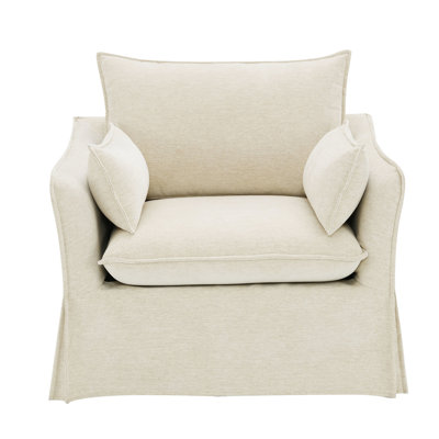 Fauteuil club beige en lin avec 2 coussins - siège à ressorts ensachés, structure intérieure en bois, repose-pieds confortable, pieds en K, densité de mousse D16 / d24 / d25 Beach, densité, charge de 220 lb