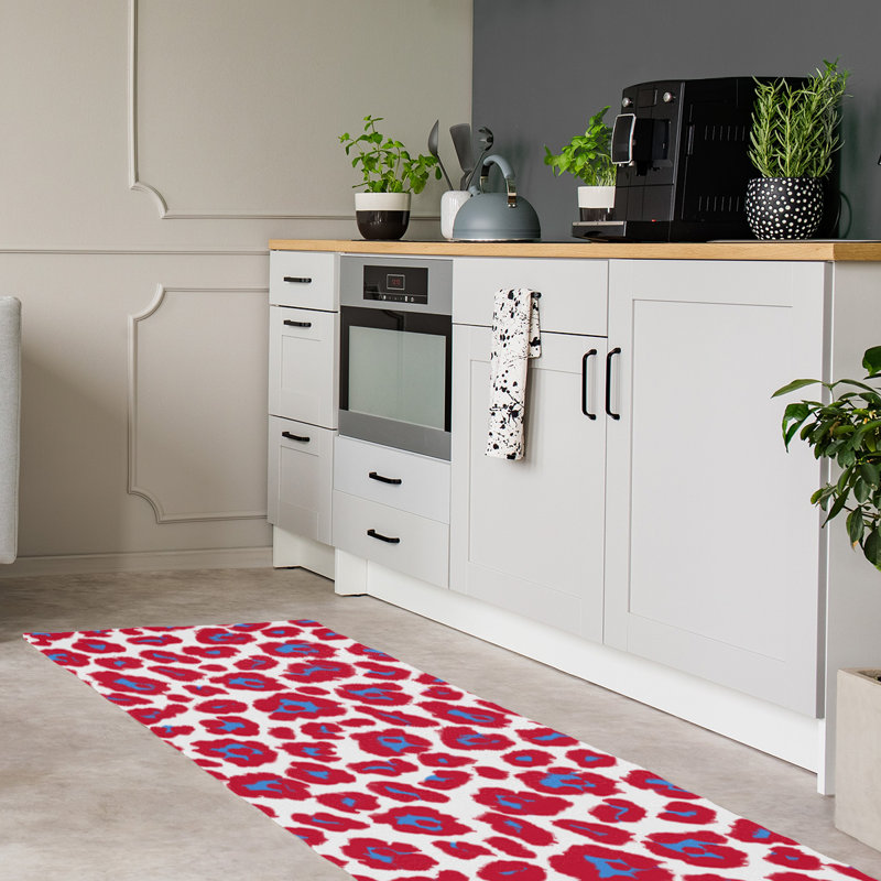 Tapis blanc / rouge / bleu à imprimé animal, Tapis de couloir 2 pi 6 po x 8 pi
