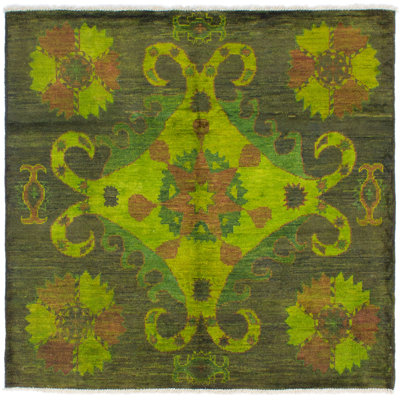 Tapis carré unique en laine noué à la main style transitionnel vert / brun des années 2010 de 6 pi 6 po Archer-James