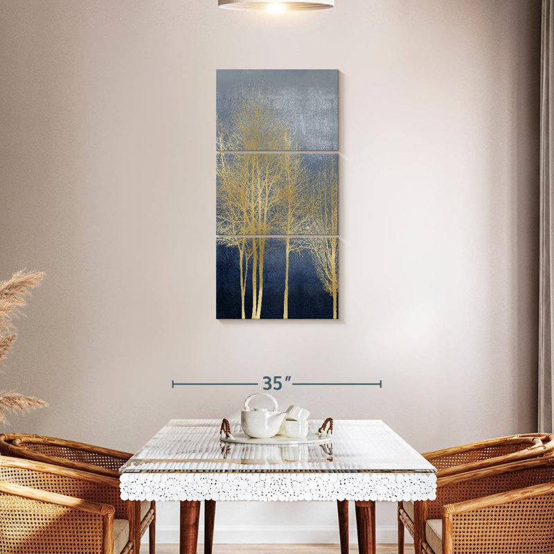 Arbres sur panneau bleu I, H 44 po x l 21 po