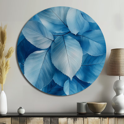 Minimalism Azure Leaves Harmony I - Leaves Round Metal Wall Art, Traditional Blue Metal Art Print
