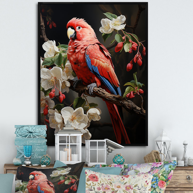 Perroquets rouges, éclat éclatant sur toile, Cadre flottant noir, H 32 po x l 16 po x P 1 po
