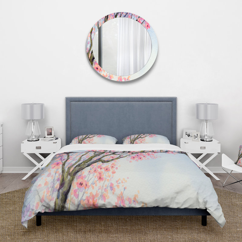 Magnifique oiseau rose sur une branche II - ensemble de housse de couette traditionnel - microfibre de polyester