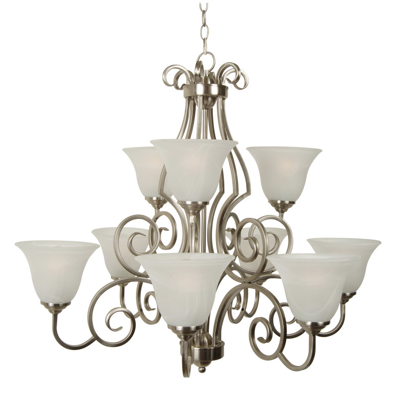 Lustre classique/traditionnel 9 lumières ombrée Centreville, Nickel brossé avec verre albâtre