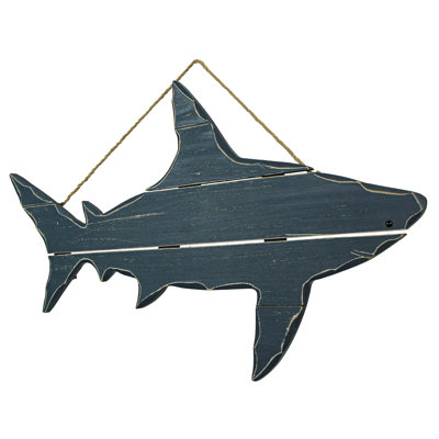 Coastal Blue Hand-Painted Carved Wood Shark Wall Art with Rope Hanger and Rustic Worn Edges — 31" W X 1" D X 18.75" H