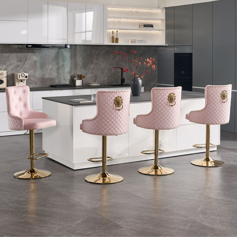 Ensemble de 4 tabourets de comptoir pivotants rembourrés à hauteur réglable avec structure en métal, Rose