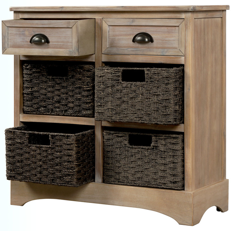 Bueno Wood  Storage Cabinet with Two Drawers and Four Classic Rattan Basket, White Washed