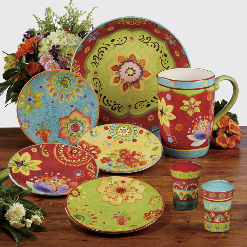 Tunisian Sunset Vibrant Floral Ceramic Dinnerware Set for 4