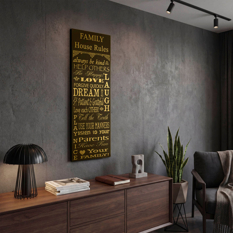 «Family Rules A» par Jean Plout, art mural en métal doré, 12 po x 36 po
