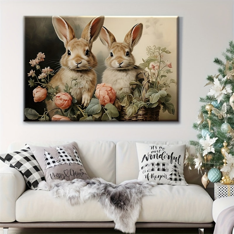 Reproduction sur toile fantaisiste d'un lapin brun et d'une pivoine - Urban Studio, 32*24 pouces (80*60*2 cm)