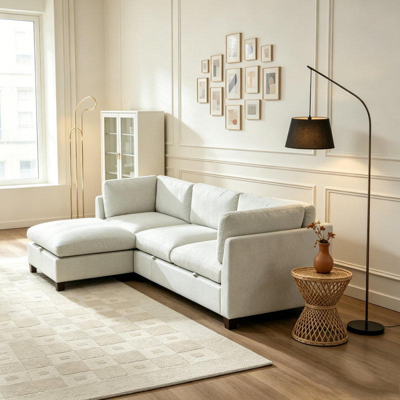 Canapé modulaire 96,5 po pour salon, canapé rembourré en chenille douce, Beige-1Ottman