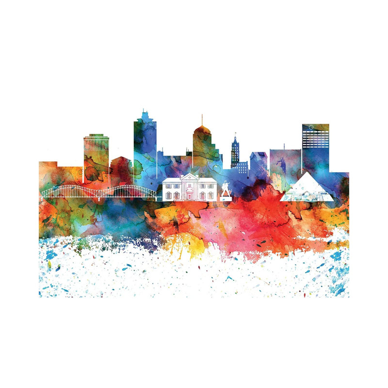 Memphis, aquarelle colorée, horizon, H 8 po x l 12 po x P 0,75 po