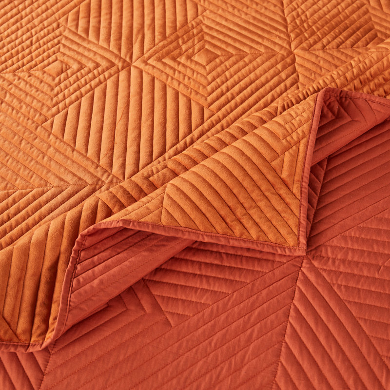 Burnt Orange Velvet Geometric Full/Queen Quilt Set