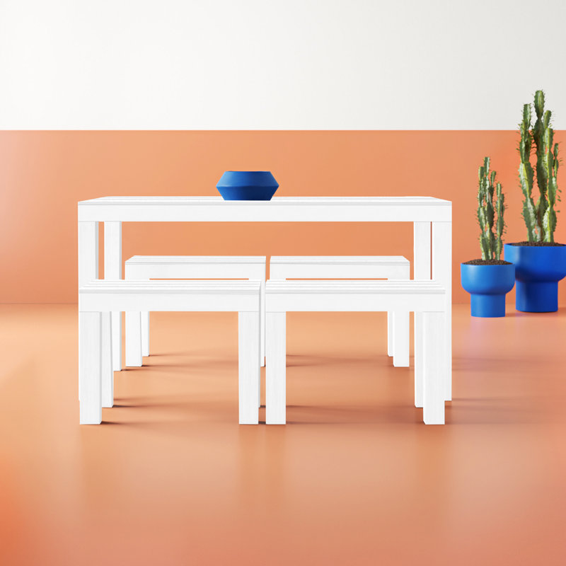 Roann Rectangular Table with 4 Bench Garden Set, White
