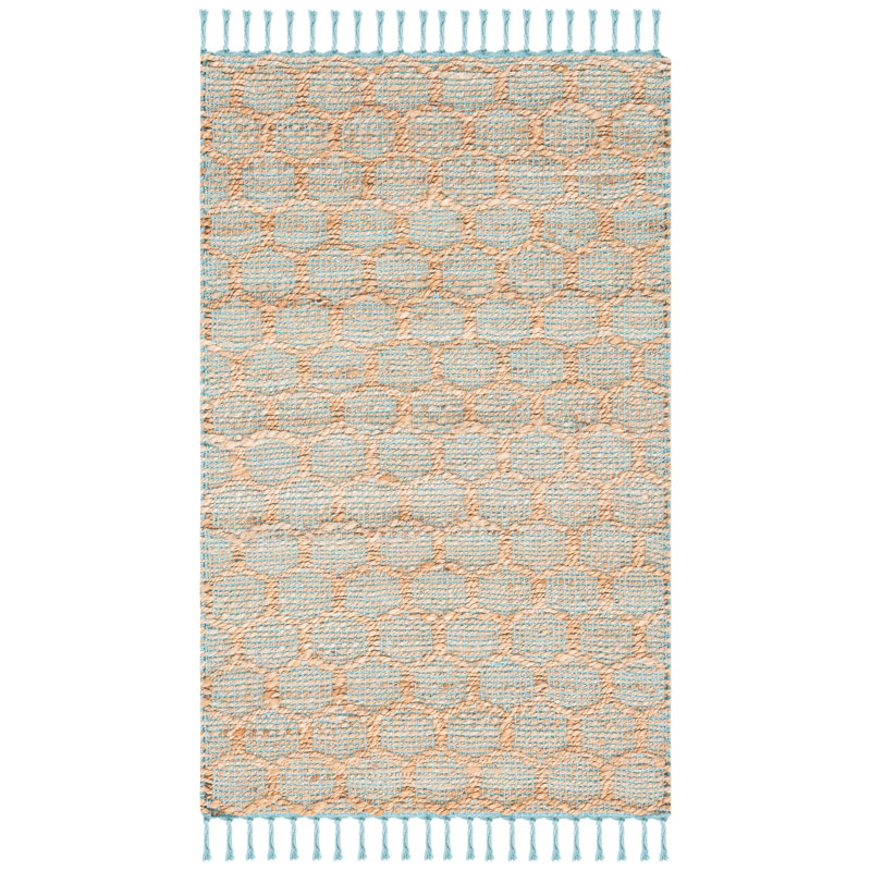 Tapis géométrique bleu clair / naturel tissé à la main Kamali, Rectangle 4 pi x 6 pi