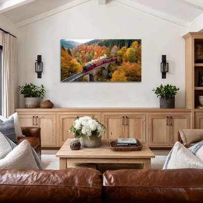 Paysage d'automne, art mural sur toile - train d'automne, décorations murales, décorations rétro d'automne pour salon, impression sur toile tendue encadrée, 16 po x 32 po