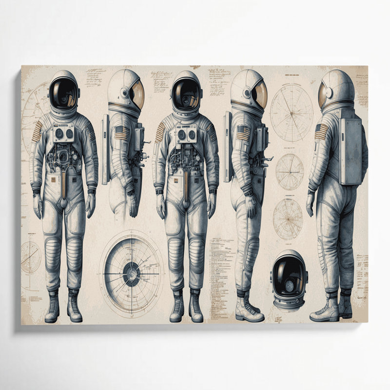 «Space Space suit», dessins techniques sur toile beige, H 16 po x l 20 po