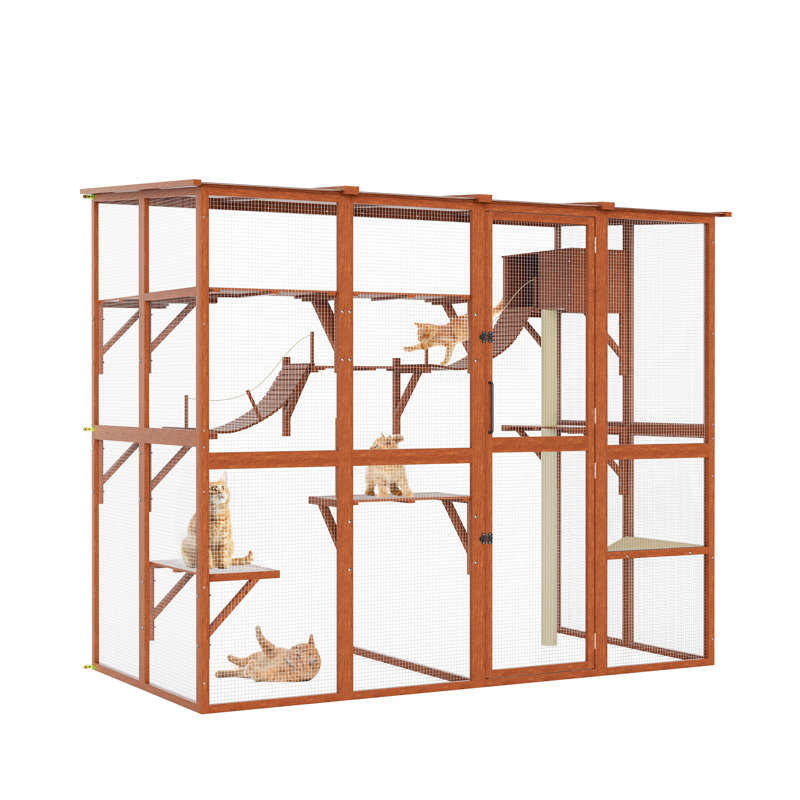 Enceinte d'extérieur pour chat Catio, grande maison de chat avec ponts, plateformes et petite maison, Orange