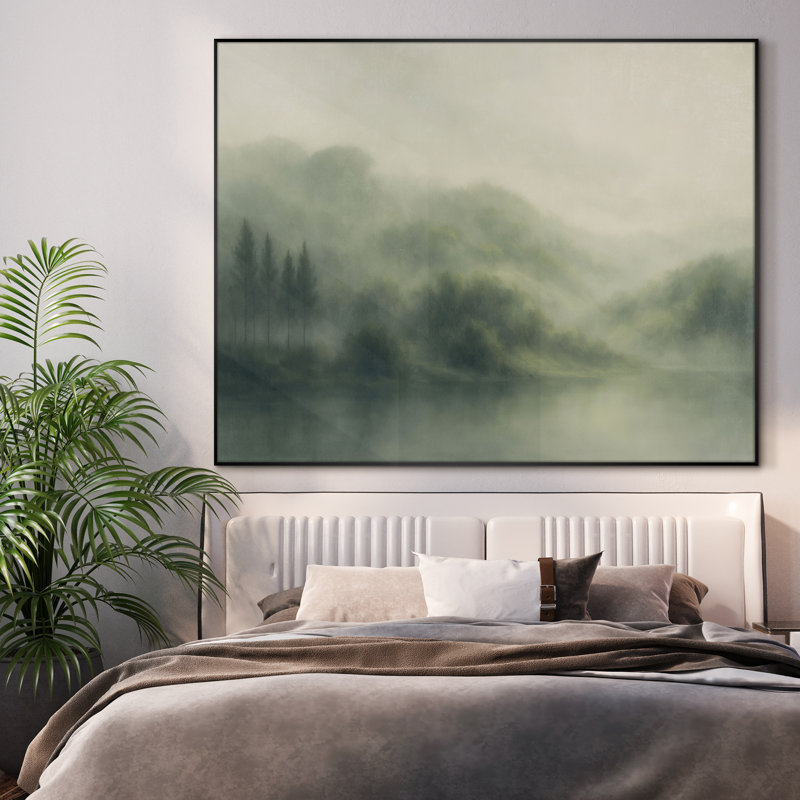 Très grande reproduction d'art sur toile - Misty Forest Hills and Lake Morning, décor de paysage pour le salon ou la chambre à coucher - «Assemblage requis du cadre (cadre non fini)»