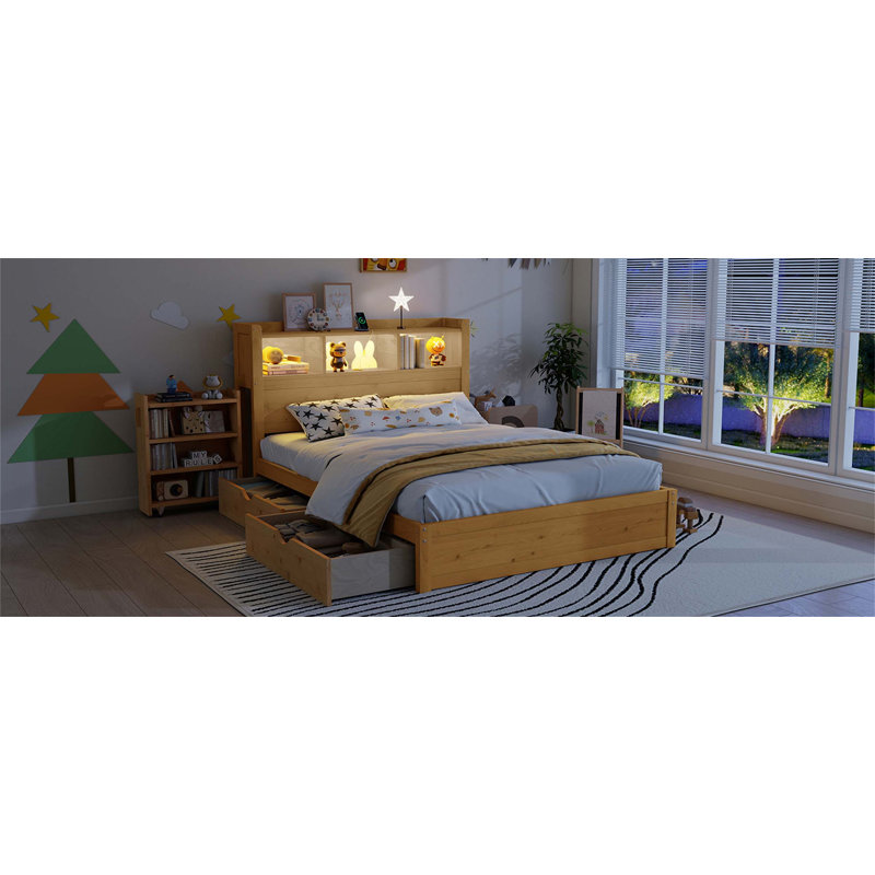Lit plateforme avec tête de lit intégrée, armoire coulissante, tiroirs sous le lit et éclairage à DEL intégré pour les chambres à coucher modernes.