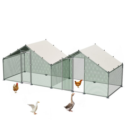 Poulailler de 6 pi x 20 pi, cage à volaille en métal à double crête avec toit résistant aux intempéries, petit filet hexagonal et fil renforcé, conception à deux zones pour la cour arrière - gris