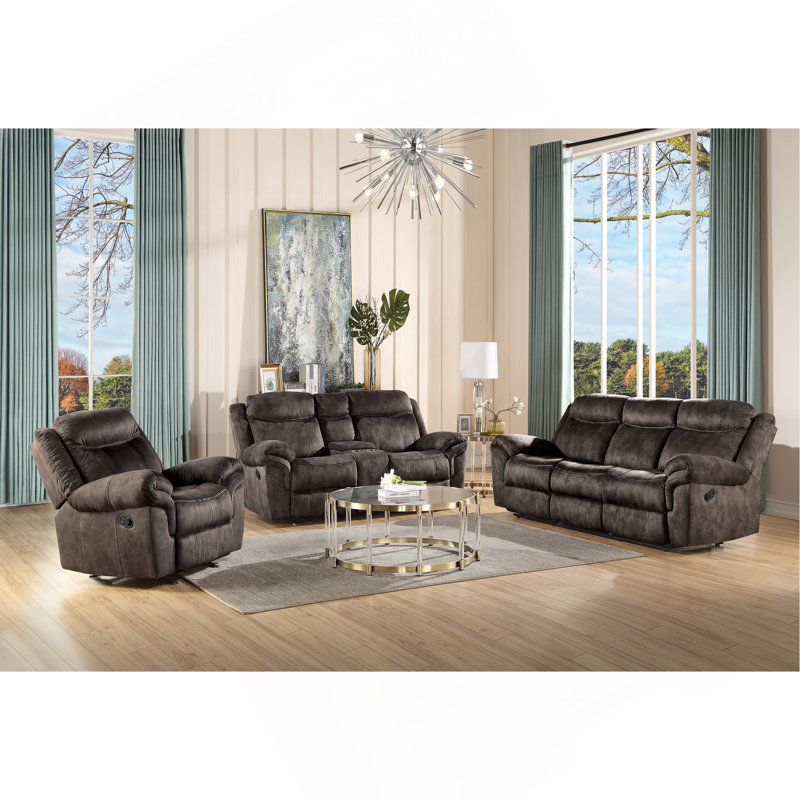 Zubaida Two Tone Chocolate Velvet Recliner Sofa W/USB Port & Drop Down Table