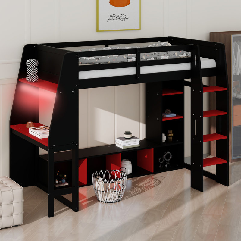Lit mezzanine en bois avec bureau, étagères à rangement multiples, DEL et portemanteau suspendu, Lit simple