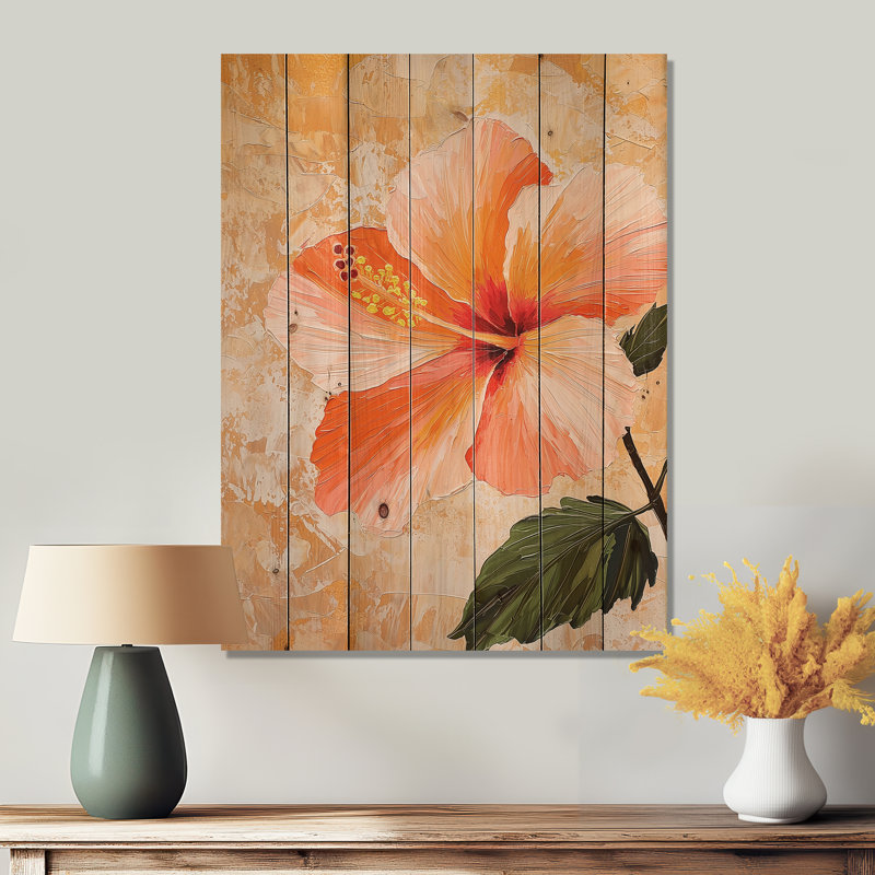 Fleur d'hibiscus au coucher du soleil I - Décoration murale traditionnelle en bois sur bois de pin naturel, H 20 po x l 10 po