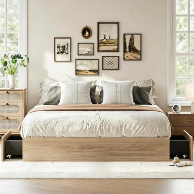 King Size Wood Platform Bed Frame with 2 Storage Drawers, Wooden Bed Frame Without Headboard, Wood Slat Support, No Box Spring Needed, Easy Assembly
