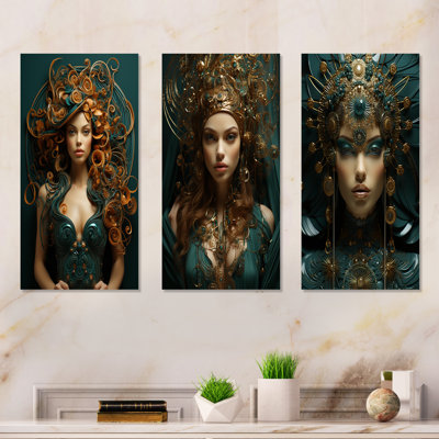 Green Queen Of Style Woman I - Woman Sensual Canvas Art Print Set Of 3