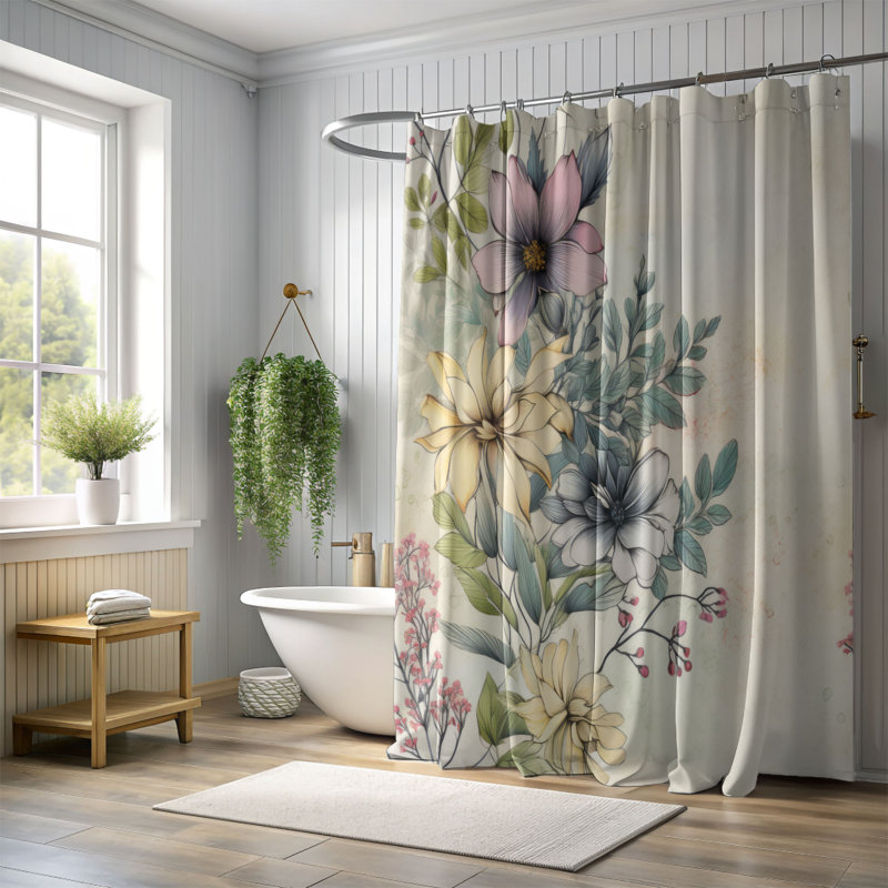 Old-World Flowers - Rideau de douche Premium, H 74 po x l 71 po