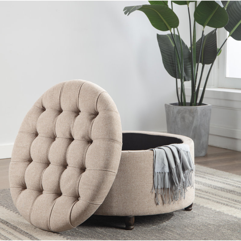 Upholstered Ottoman, Taupe, Brown Wood
